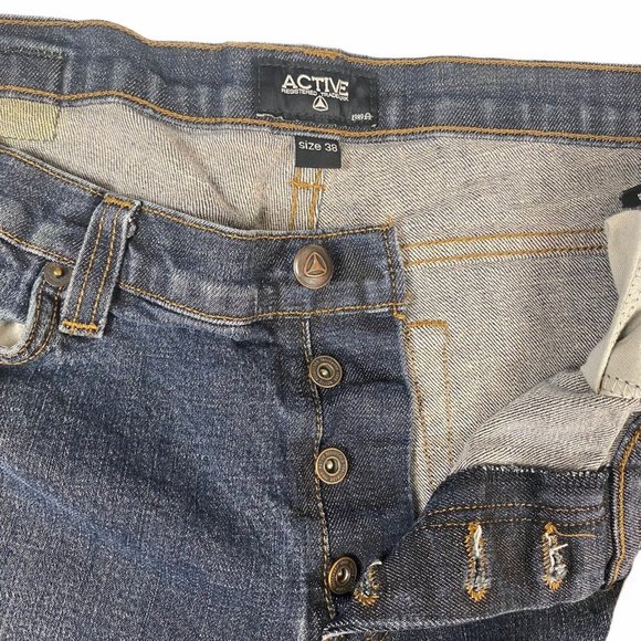 Active Denim Jeans 38x32 Button Fly Dark Wash Blue Faded Slim Straight Casual - Picture 2 of 11